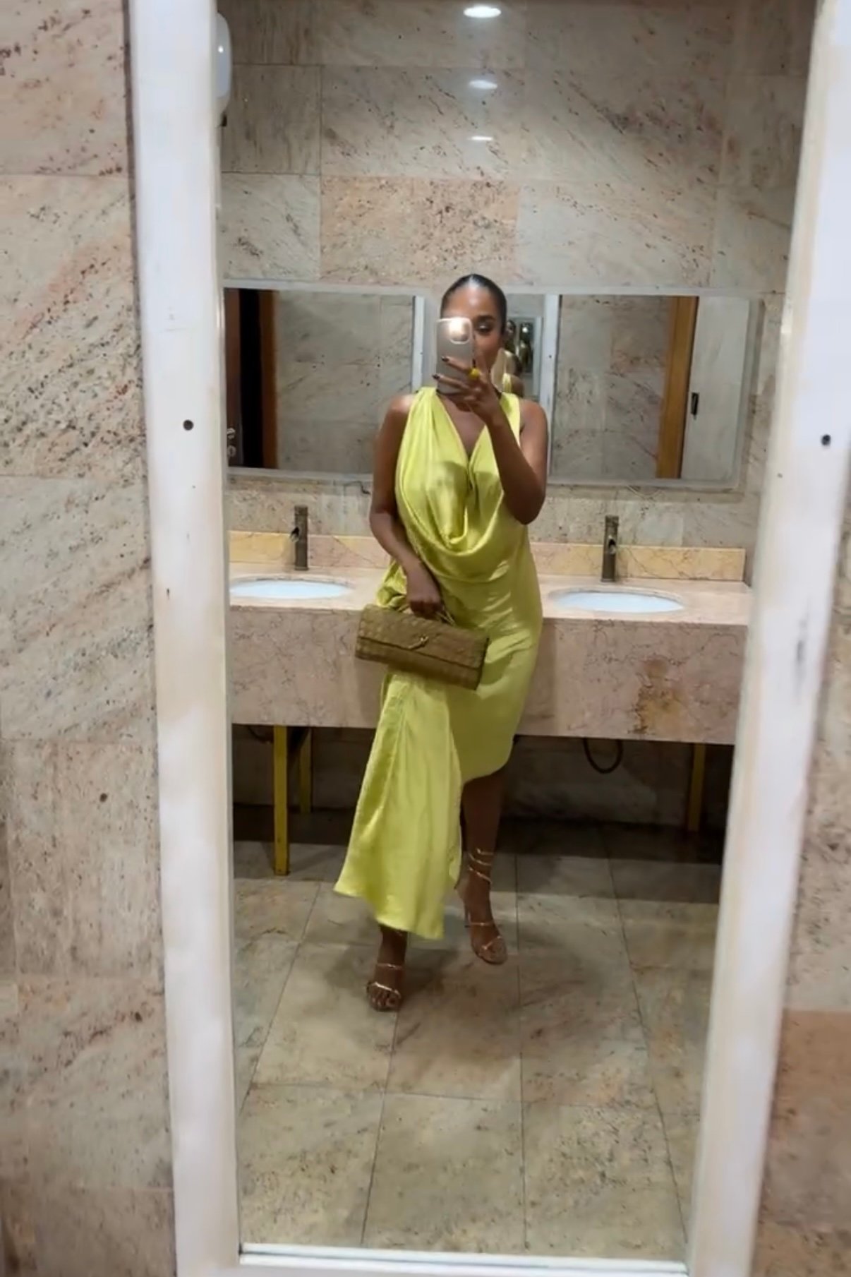 Image of ZARA LIME GREEN SATIN FLOWY BACKLESS DRESS (L)