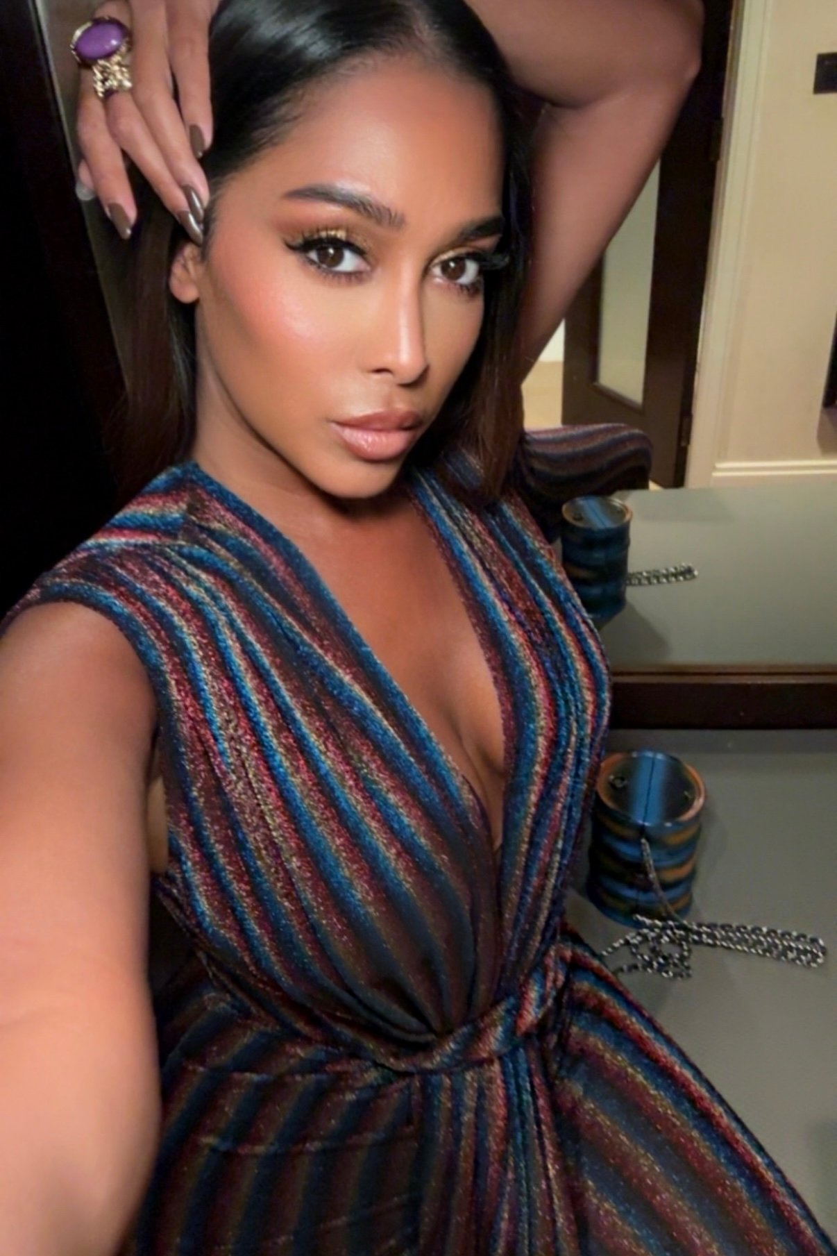 Image of METALLIC RAINBOW V-NECK RUCHED MAXI DRESS (S)
