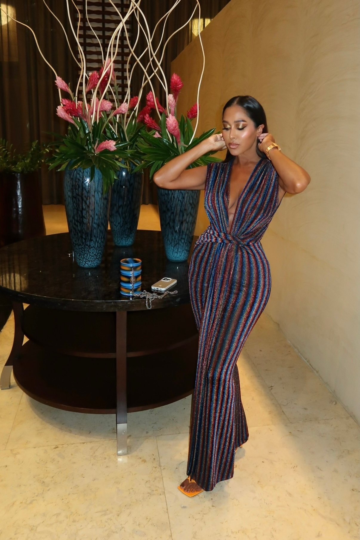 Image of METALLIC RAINBOW V-NECK RUCHED MAXI DRESS (S)