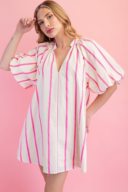 Image of PUFF SLEEVE PINK STRIPE DRESS
