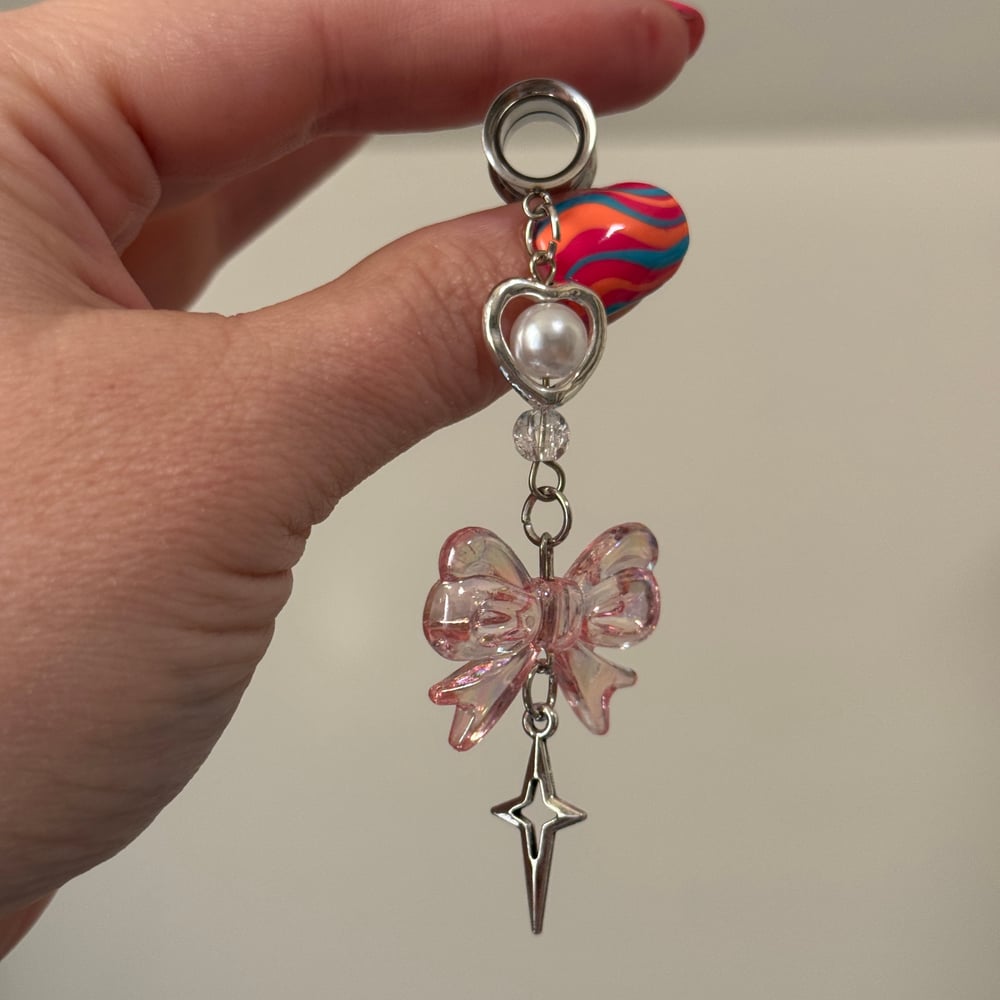 Image of Pink Bow Pearl Heart Dangles (sizes 4g-2")