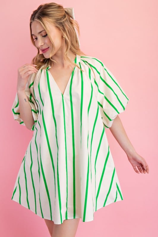 Image of PUFF SLEEVE GREEN STRIPE DRESS