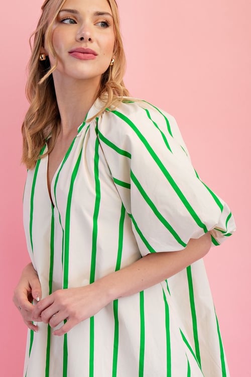 Image of PUFF SLEEVE GREEN STRIPE DRESS
