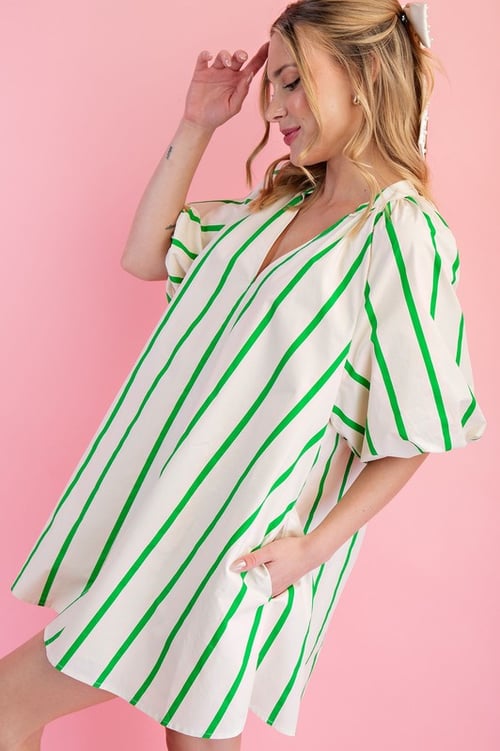 Image of PUFF SLEEVE GREEN STRIPE DRESS