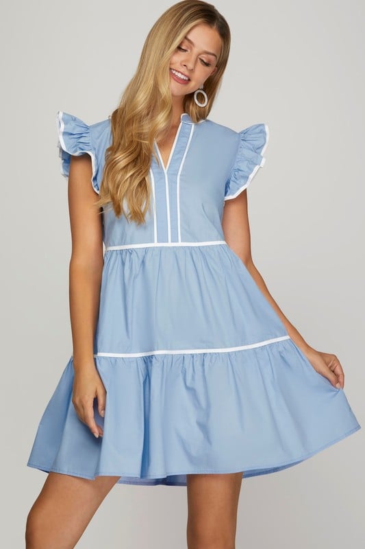Image of L.BLUE RUFFLE SLEEVE TIERED DRESS