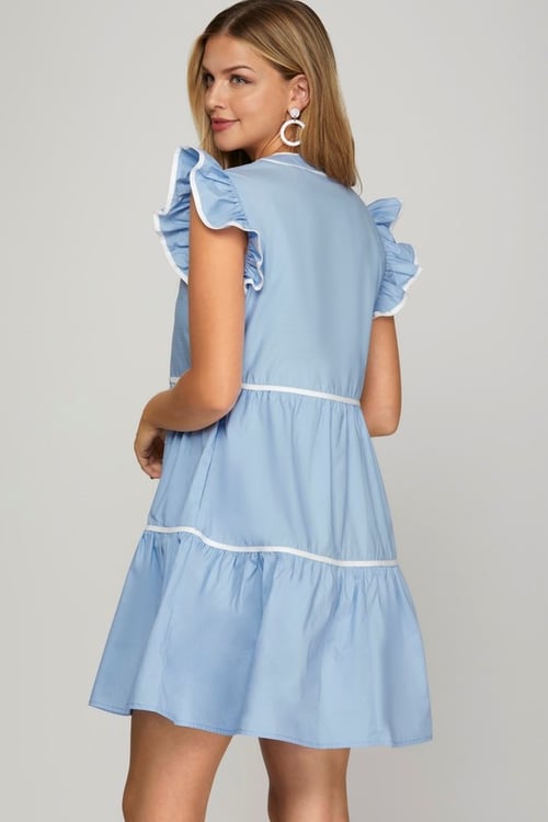 Image of L.BLUE RUFFLE SLEEVE TIERED DRESS