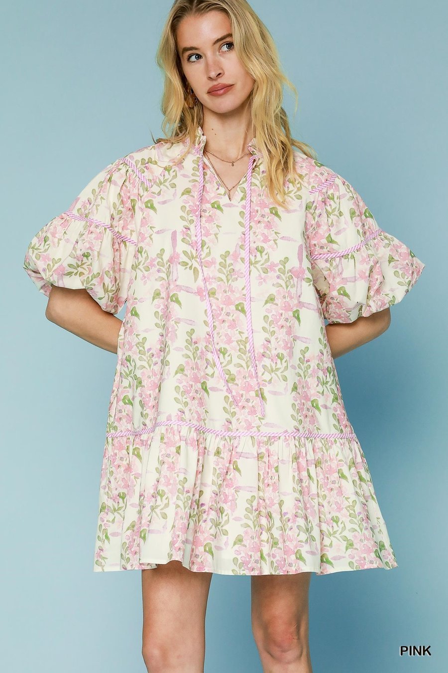 Image of PINK FLORAL PUFF SLEEVE DRESS