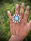 Large Larimar with pink shell cluster Ring