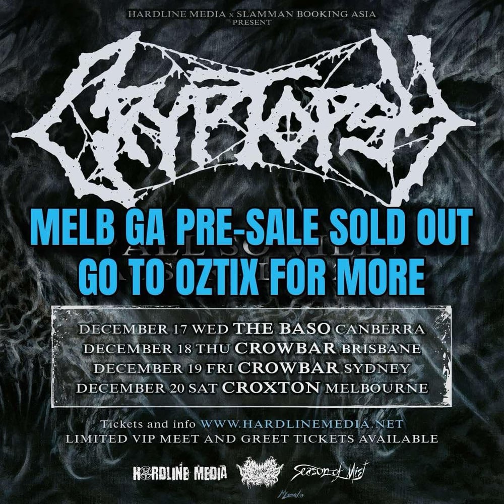 Image of GA PRESALE - CRYPTOPSY - MELBOURNE - CROXTON - SAT 20 DEC