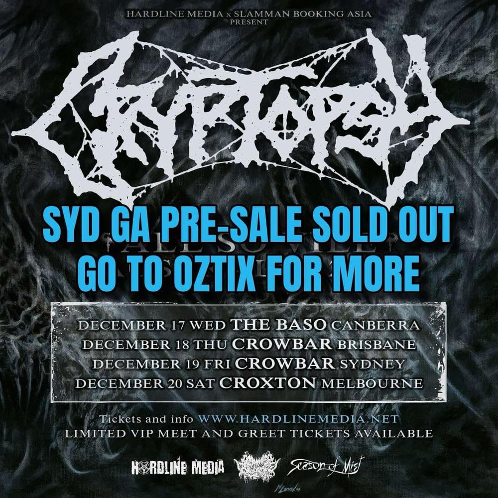Image of GA PRESALE - CRYPTOPSY - SYDNEY - CROWBAR - FRI 19 DEC