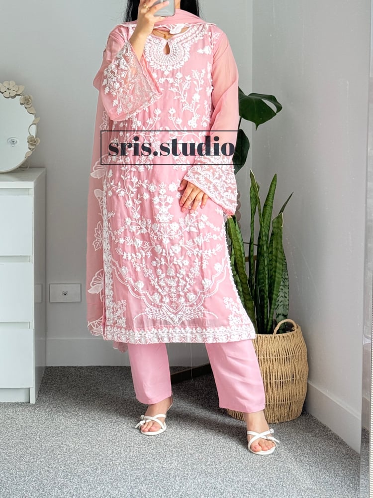 Image of Pastel pink three piece kurtha set 
