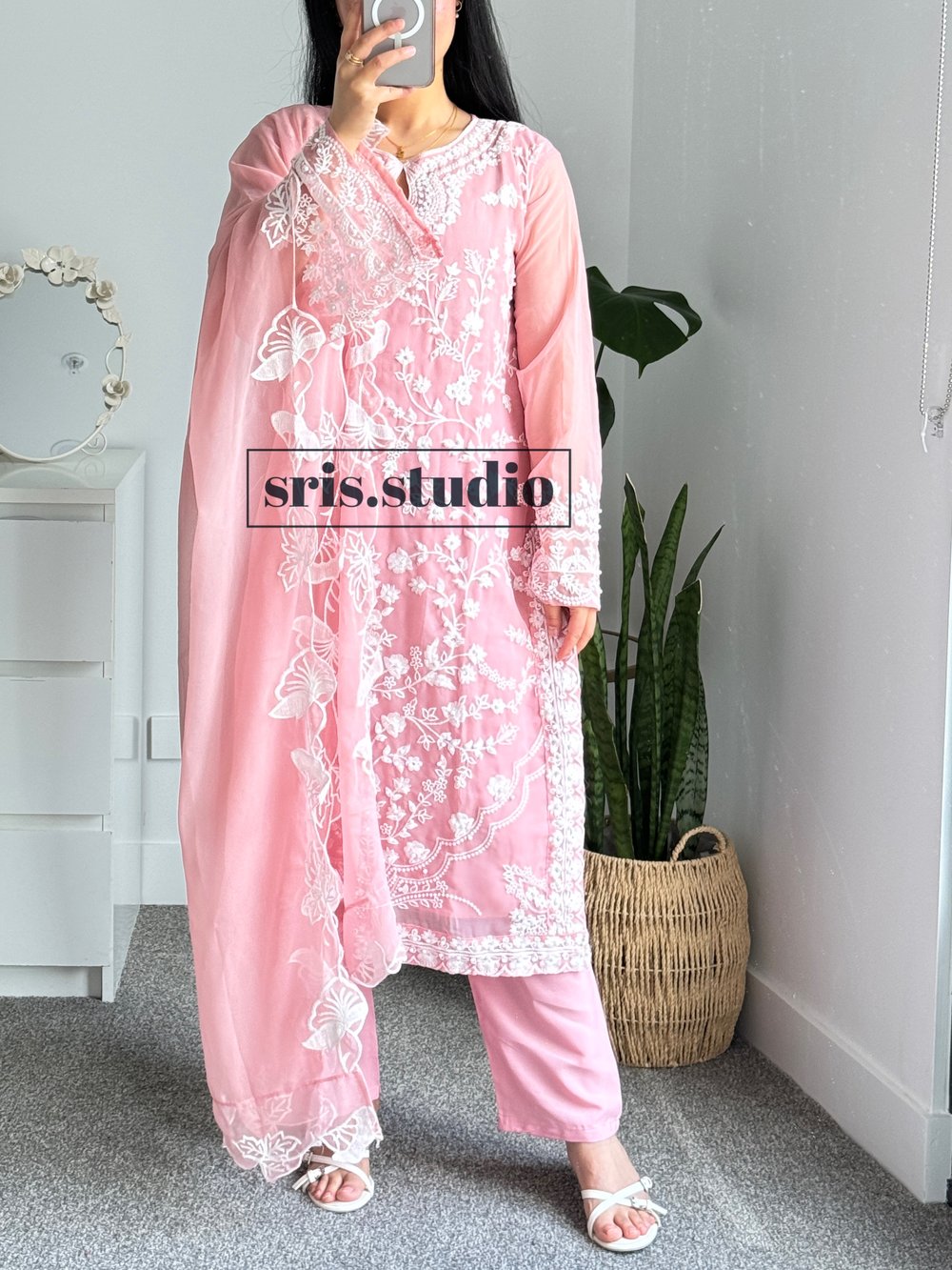 Image of Pastel pink three piece kurtha set 