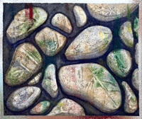 Rainbow Stones (Watercolour on Paper with silver leaf border)