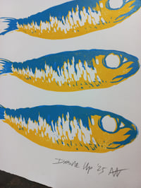 Image 2 of Sardines Blue and Yellow Linocut Print