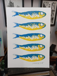 Image 1 of Sardines Blue and Yellow Linocut Print