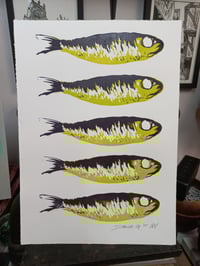 Image 1 of Sardines Aubergine and Green Linocut Print