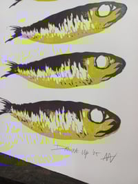 Image 2 of Sardines Aubergine and Green Linocut Print