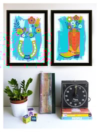 Image 1 of  Horseshoe and Cowboy Boot with Flowers Screeenprints - Modern Farmhouse Love Art Prints
