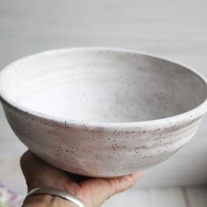 Image of Set of Three Rustic White Speckled Nesting Bowls, Handcrafted Mismatched Sale, Made in USA