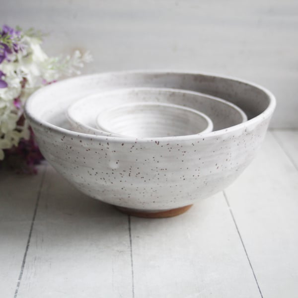 Image of Set of Three Rustic White Speckled Nesting Bowls, Handcrafted Mismatched Sale, Made in USA