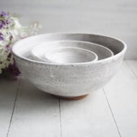 Image 1 of Set of Three Rustic White Speckled Nesting Bowls, Handcrafted Mismatched Sale, Made in USA