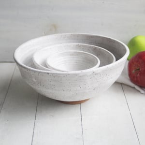 Image of Set of Three Rustic White Speckled Nesting Bowls, Handcrafted Mismatched Sale, Made in USA