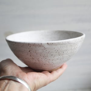 Image of Set of Three Rustic White Speckled Nesting Bowls, Handcrafted Mismatched Sale, Made in USA