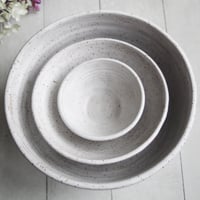 Image 4 of Set of Three Rustic White Speckled Nesting Bowls, Handcrafted Mismatched Sale, Made in USA