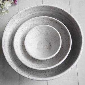 Image of Set of Three Rustic White Speckled Nesting Bowls, Handcrafted Mismatched Sale, Made in USA
