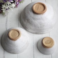 Image 10 of Set of Three Rustic White Speckled Nesting Bowls, Handcrafted Mismatched Sale, Made in USA