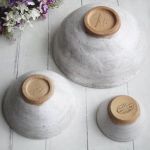 Image of Set of Three Rustic White Speckled Nesting Bowls, Handcrafted Mismatched Sale, Made in USA