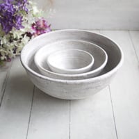 Image 2 of Set of Three Rustic White Speckled Nesting Bowls, Handcrafted Mismatched Sale, Made in USA