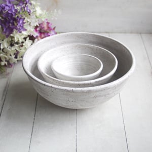 Image of Set of Three Rustic White Speckled Nesting Bowls, Handcrafted Mismatched Sale, Made in USA