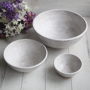 Image of Set of Three Rustic White Speckled Nesting Bowls, Handcrafted Mismatched Sale, Made in USA