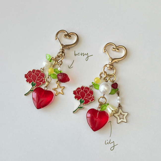 carnation ruby heart rustic gold keychains