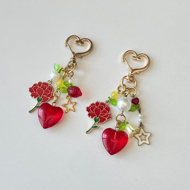 carnation ruby heart rustic gold keychains