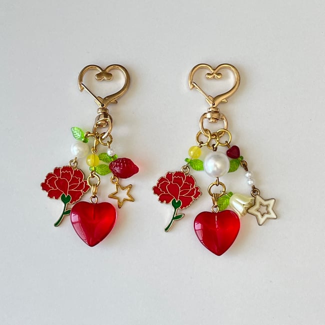 carnation ruby heart rustic gold keychains