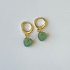 'green heart leaf' gold huggie hoop earrings