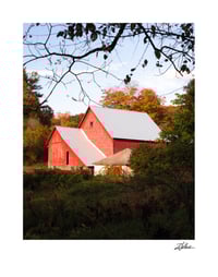 Image 1 of PRINT: RED BARN AND FALL FOLIAGE IN RURAL VERMONT