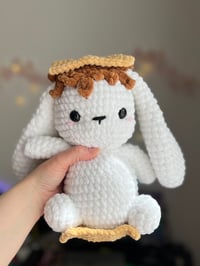 Image 4 of Marshmallow Bunny Amigurumi with Cookie Hat | Cute Handmade Plush Bunny Toy,  S’more’s Bunny