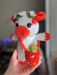 Image 2 of Kawaii Cow Plushie with Strawberry Bag | Crochet Amigurumi Stuffed Animal | Handmade Farm Animal Toy