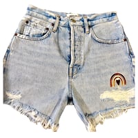 Image 1 of AGOLDE Shorts ,Riley Button fly, light wash , high rise,  distressed 100 %  organic cotton SZ 26