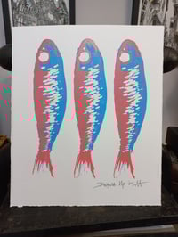 Sardines Pink and Blue Linocut Print
