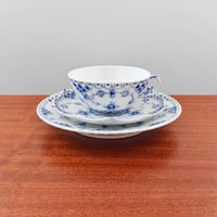 Image 1 of Royal Copenhagen Blue Fluted Full Lace Tea Cup Trio Set