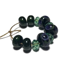 Image 2 of 11PC. GLITTER PEACOCK & SWAROVSKI Hand made Beads//Peacock feather pattern//Glitter Glass Donut bead