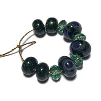 Image 5 of 11PC. GLITTER PEACOCK & SWAROVSKI Hand made Beads//Peacock feather pattern//Glitter Glass Donut bead