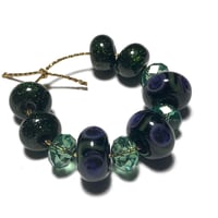 Image 9 of 11PC. GLITTER PEACOCK & SWAROVSKI Hand made Beads//Peacock feather pattern//Glitter Glass Donut bead