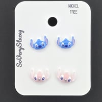 Image 3 of Blue Alien & Pink Alien Friend Stud Earrings – Mischievous, Adorable, and Hypo-Allergenic