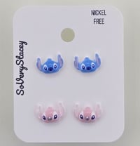 Image 1 of Blue Alien & Pink Alien Friend Stud Earrings – Mischievous, Adorable, and Hypo-Allergenic