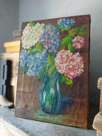 Image 1 of Peinture à l'huile ancienne, bouquet d'hortensias